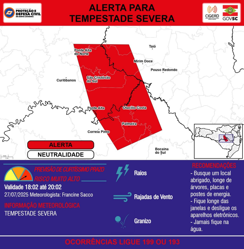 ALERTA: TEMPESTADE SEVERA DOMINGO